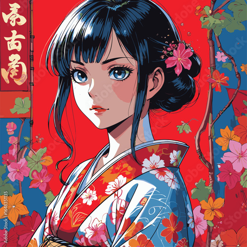 vector illustration of anime woman wearing kimono