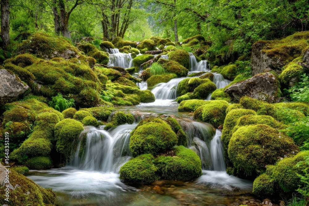 Fototapeta premium Cascading stream through mossy rocks in lush forest