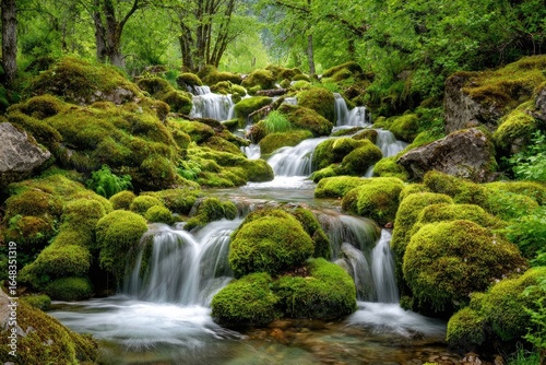 Cascading stream through mossy rocks in lush forest