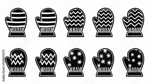 Black and white winter mittens with patterns gloves