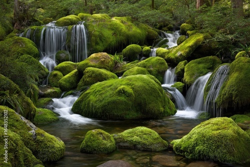 Moss-covered rocks and cascading waterfalls in a forest stream