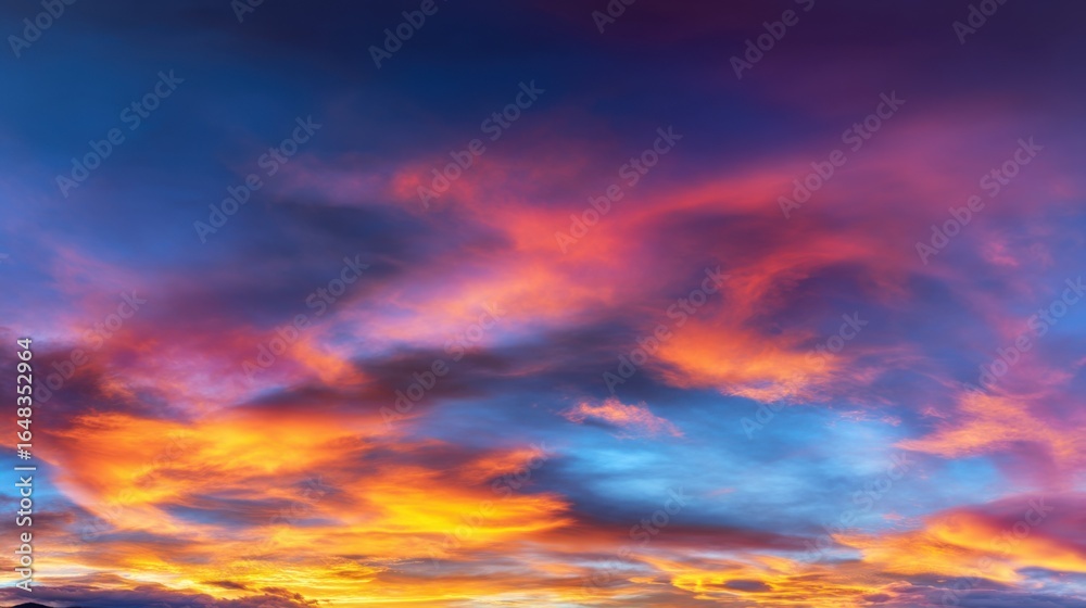 Fototapeta premium A breathtaking sunset or sunrise sky with vibrant colors, illuminated clouds in warm hues of pink, orange, yellow,