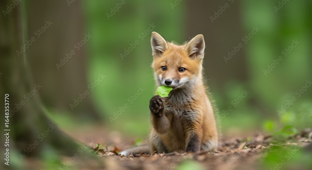 Fototapeta premium Adorable red fox kit playfully nibbles leaf in dappled sunlight forest. AI Generated