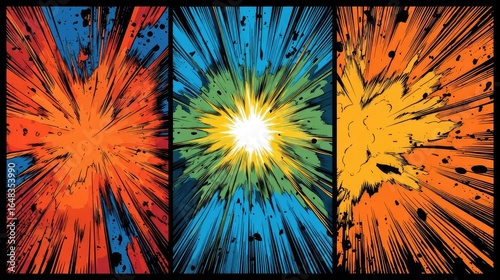 Three comic book panels with radial bursts of color and black ink splatter