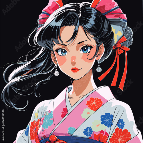 vector illustration of anime woman wearing kimono