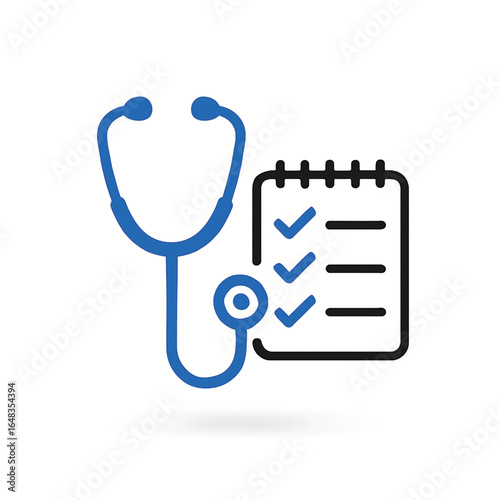 Vector of checklist with stethoscope. Icon of health testing or medical exam. Symbol of compliance medicine