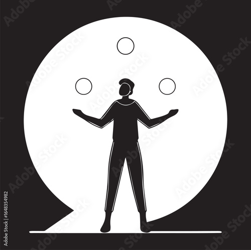 Silhouette of a juggler skillfully balancing three rings within a large white speech bubble against a dark background