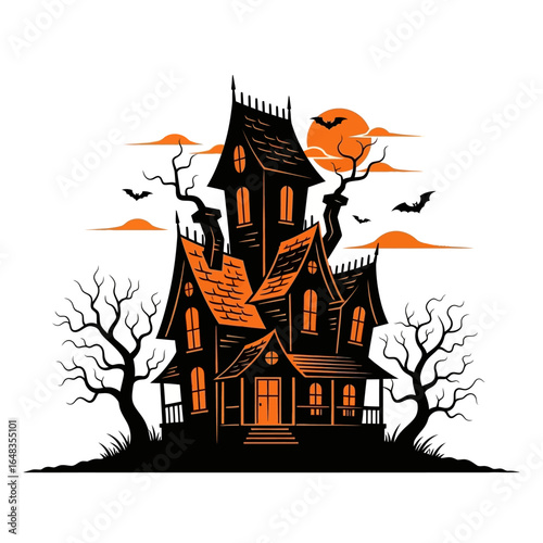 Spooky haunted house silhouette under orange moon. Perfect for halloween designs, social media posts, presentations, and spookythemed projects.
