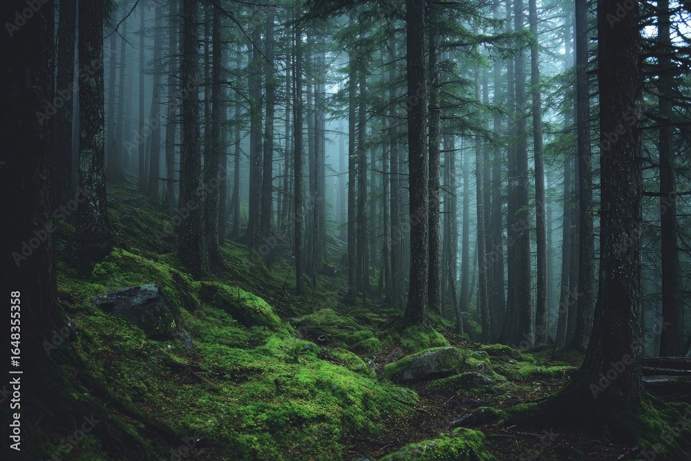 Obraz premium Misty, moss-covered forest path