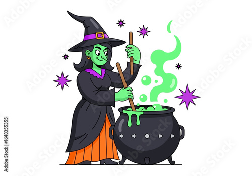 Green witch stirring cauldron for halloween. Suitable for spooky designs, party invitations, and holidaythemed social media posts. Festive and witchy vibes.