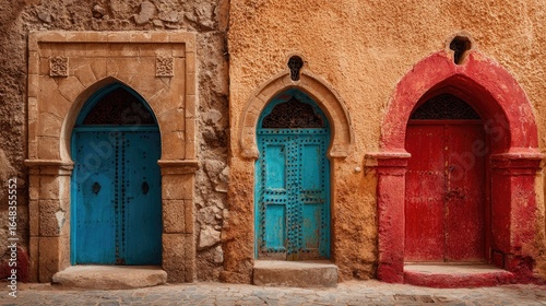 Three arched doorways in a sun-drenched alleyway