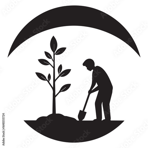 Silhouette of a gardener planting a sapling under a crescent moon shape symbolizing growth and nature
