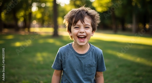 Joyful child laughs brightly in warm sunlight. AI Generated