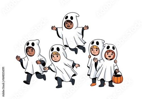 Six joyful children in ghost costumes trick or treating together. Ideal for halloween cards, invitations, seasonal decorations, and childrens publications.