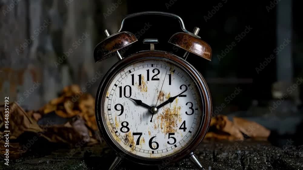 custom made wallpaper toronto digitalRusty vintage alarm clock with weathered old face showing time 1010 on dark textured surface surrounded by dried leaves evoking nostalgic mood