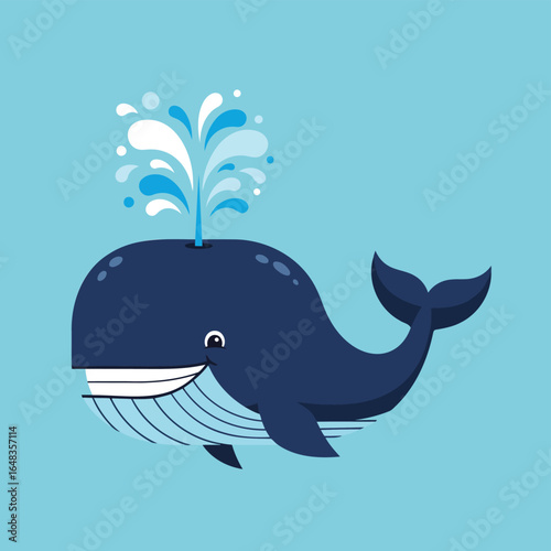 Cute whale spouting water, playful cartoon style, perfect for kids designs