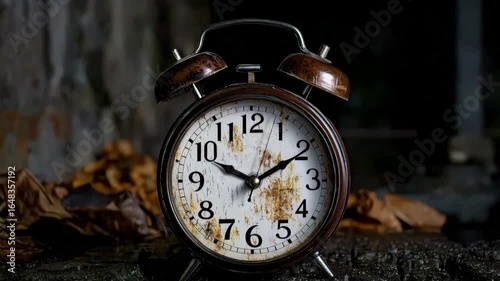 Wallpaper Mural Rusty vintage alarm clock with weathered old face showing time 1010 on dark textured surface surrounded by dried leaves evoking nostalgic mood Torontodigital.ca