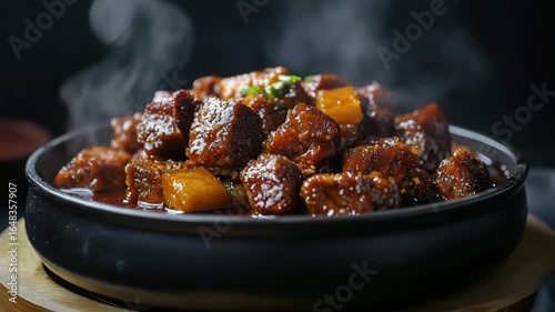 Glazed pork belly with sauce served in black bowl, garnished with sesame seeds and green herbs, steaming hot rich savory meal experience