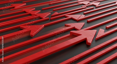 Array of vibrant red arrows strategically oriented on a sleek dark surface reflecting collective
