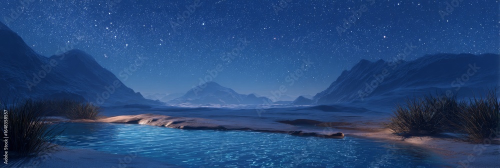 Obraz premium Serene Night Landscape with Stars Over Calm Water and Majestic Mountains in a Desert Environment