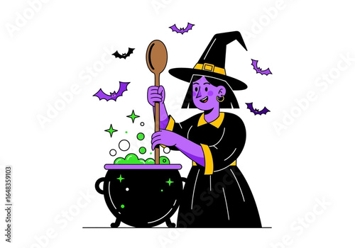 Witch stirring a cauldron with purple bats flying around. Perfect for halloweenthemed designs, spooky concepts, and autumn decorations.
