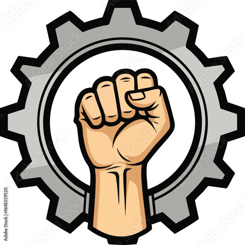 Stylized Vector Illustration of a Gear and a Fist