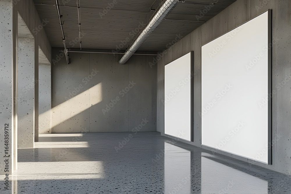 Obraz premium Modern minimalist concrete interior with blank white canvases for art or branding mockups