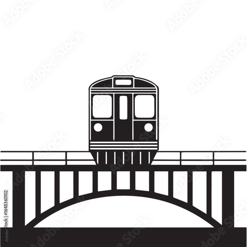 Classic subway train travels across an iconic elevated railway bridge in a stark black and white silhouette illustration