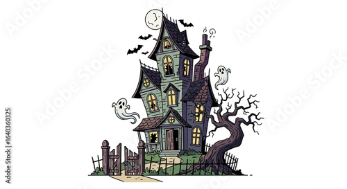 Spooky haunted house with ghosts, bats, and gnarled tree. Perfect for halloween designs, haunted house themes, and horror concepts.