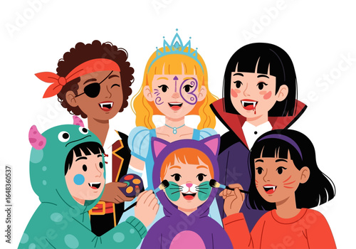 Six children in halloween costumes getting face painted. Perfect for spooky themed designs, halloween promotions, party invitations, and festive event posters.