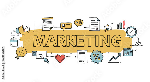 Marketing concept illustration with icons and text on a yellow background.