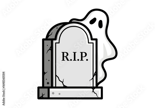Ghost and ripped gravestone for halloween ideal for spooky seasonal designs, invitations, and decorations.