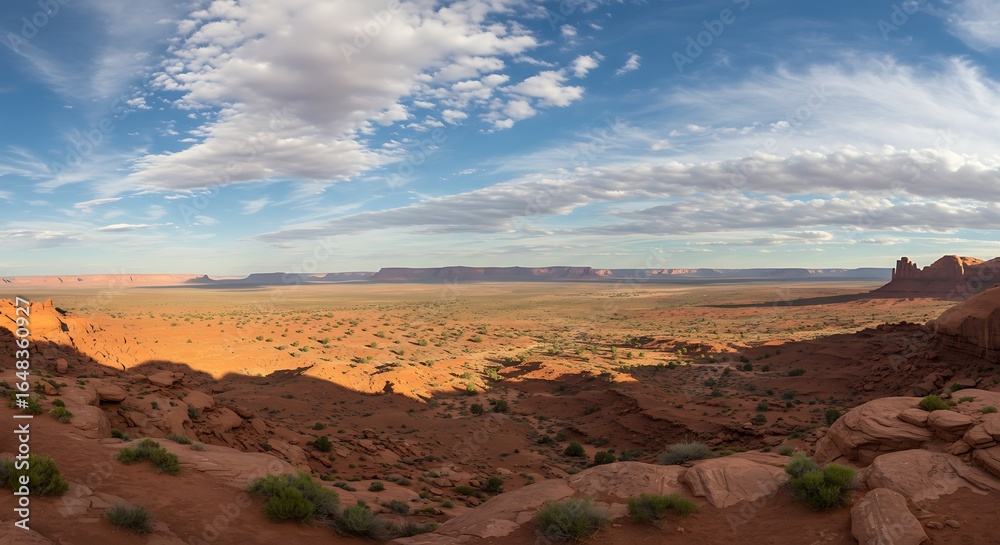 Fototapeta premium Monument Valley Panoramic View with Dramatic Sky and Red Rock Formations Inspiring American West Landscape Photography