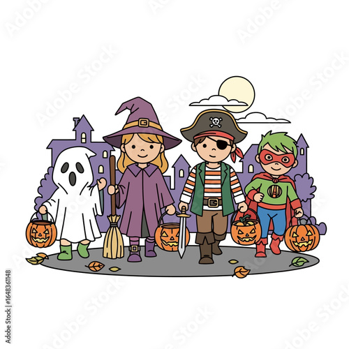 Ghost witch pirate and superhero dressed up for halloween, trick or treating. Perfect for halloweenthemed designs, party invitations, and decorations.