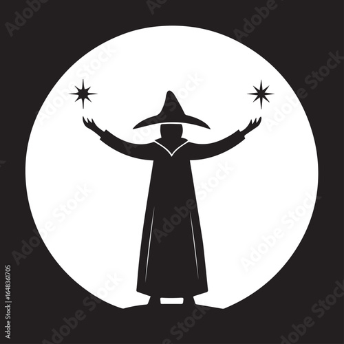 Mystical wizard silhouette conjuring stars under a bright full moon evoking magic and fantasy
