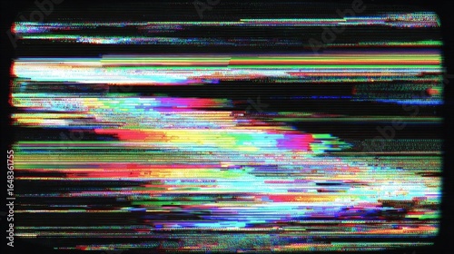 Abstract digital glitch art with vibrant, horizontal lines of color and pixelation