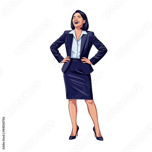 Joyful businesswoman in a formal suit laughing heartily with confidence. A successful female professional celebrating an achievement on a white background.
