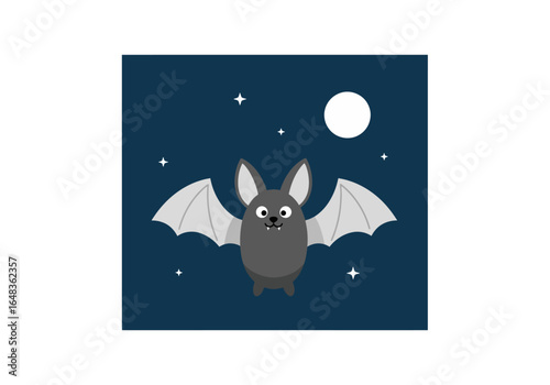 Bat in silhouette soaring in moonlight sky among stars. Suitable for halloween designs, spooky concepts, and wildlife articles.