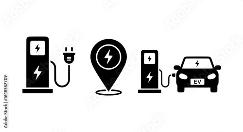 A minimalist vector icon set representing electric vehicle infrastructure, including charging stations, location pins, and EV symbols for sustainable transport.