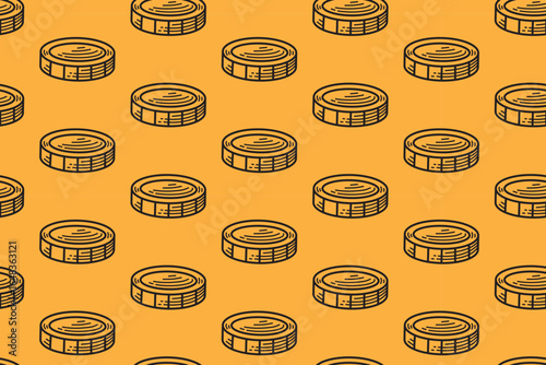 Coin money engraving seamless pattern on yellow background for merchandise. Golden coin line art doodle pattern background. Chips of poker hatching motif wallpaper. Vector Illustration