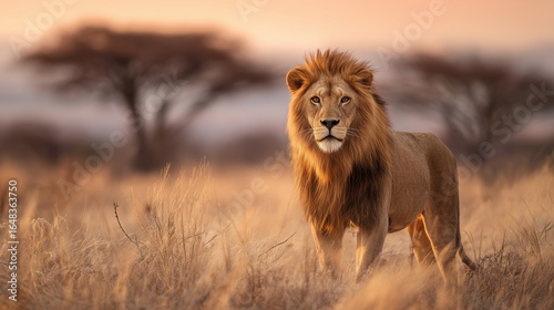 Wild male lion standing tall in African grassland