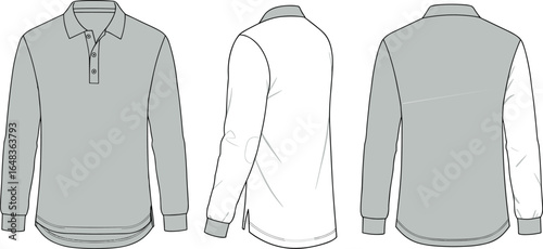 Color block long sleeve polo shirt flat sketch, front and back views, fashion design template for apparel, garment, clothing production