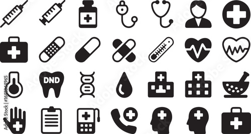 Assortment of medical and healthcare related icons in a grid format syringe injection