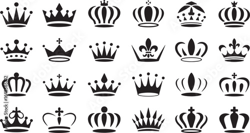 Collection of diverse black royal crowns and regal symbols on white background king queen