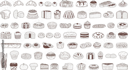 Hand Drawn Assortment of Baked Goods and Desserts in Sketch Style croissant bread