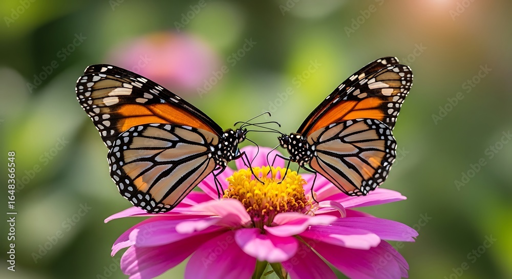 Fototapeta premium Two monarch butterflies perched on a vibrant pink zinnia flower in garden setting