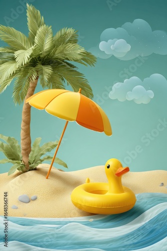 Tropical island scene with inflatable duck