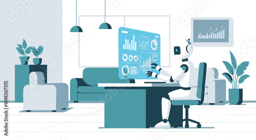 An advanced robot sits at a desk, analyzing complex data on a futuristic holographic computer interface in a modern office.