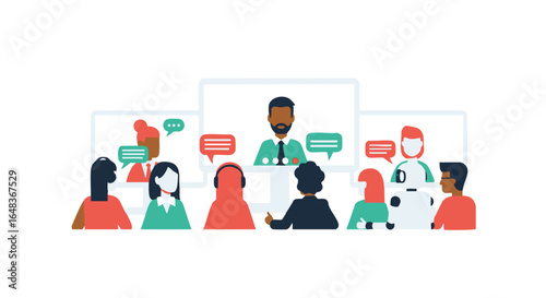 An illustration of a diverse group participating in a virtual conference or online meeting with a main speaker and attendees on screens.