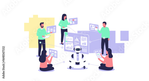 A team of professionals collaborates with an AI robot, analyzing data on futuristic digital interfaces.